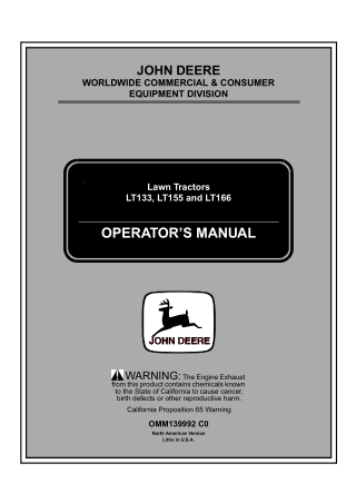 John Deere LT133 LT155 and LT166 Lawn Tractors Operator’s Manual Instant Download (PIN085001-) (Publication No.OMM139992