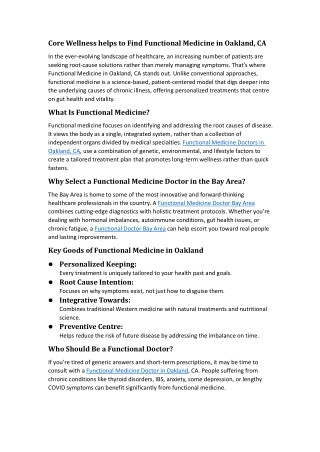 Core Wellness helps to Find Functional Medicine in Oakland, CA