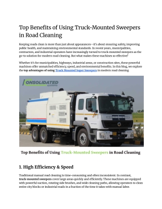 Top Benefits of Using Truck-Mounted Sweepers in Road Cleaning