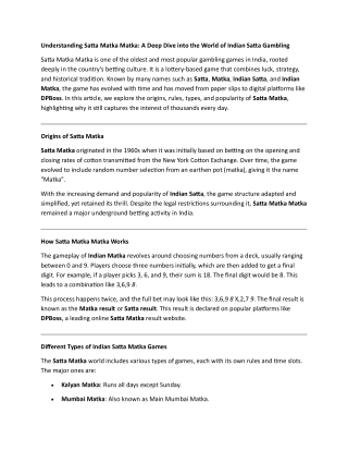 Understanding Satta Matka Matka: A Deep Dive into the World of Indian Satta Gamb