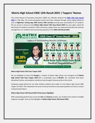 Matrix High School CBSE 12th Result 2025 | Toppers’ Names