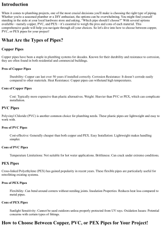 **How to Choose Between Copper, PVC, or PEX Pipes for Your Project!**