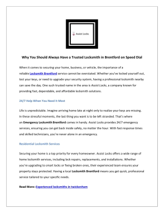 Why You Should Always Have a Trusted Locksmith in Brentford on Speed Dial