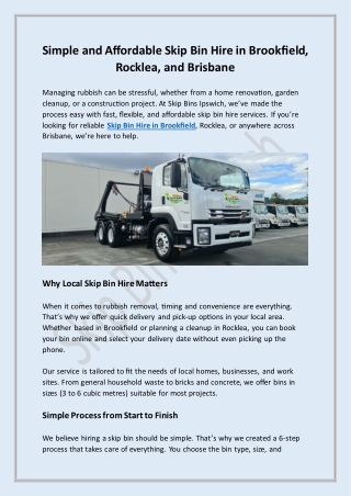 Simple and Affordable Skip Bin Hire in Brookfield, Rocklea, and Brisbane