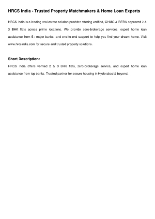 HRCS India – Real Estate & Home Loan Experts in Hyderabad