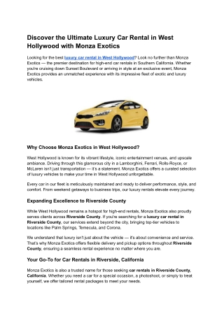 Discover the Ultimate Luxury Car Rental in West Hollywood with Monza Exotics