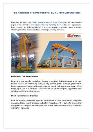 Top Attributes of a Professional EOT Crane Manufacturer