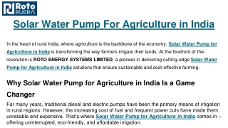 Solar Water Pump For Agriculture in India