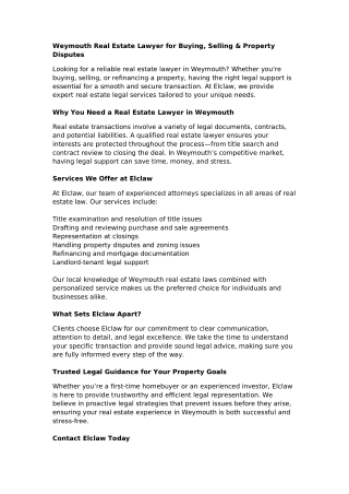 Weymouth Real Estate Lawyer for Buying, Selling & Property Disputes