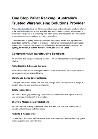 One Stop Pallet Racking- Australia's Trusted Warehousing Solutions Provider