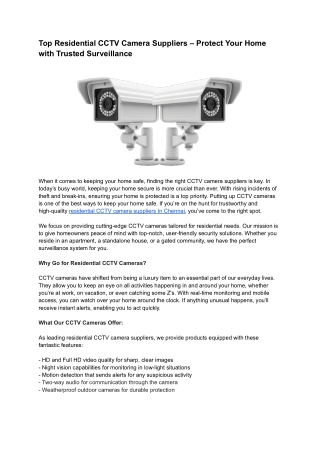 Residential CCTV Camera Suppliers in Chennai