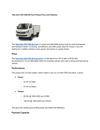 Tata Intra V20 CNG Bi-Fuel Pickup Price and Features
