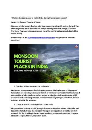 Monsoon Tourist Places in India