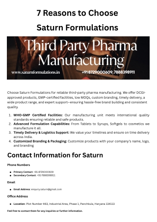 Reasons to Choose Saturn Formulations for Third Party Pharma Manufacturing