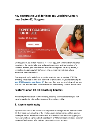 Key Features to Look for in IIT JEE Coaching Centers near Sector 67, Gurgaon