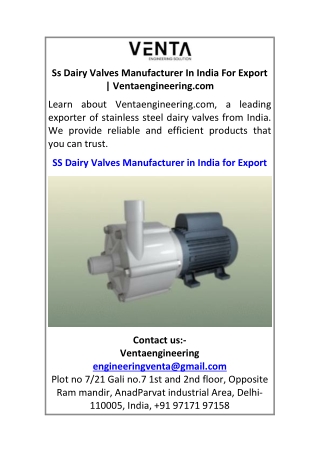 Ss Dairy Valves Manufacturer In India For Export Ventaengineering.com
