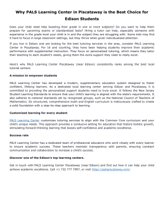 Why PALS Learning Center in Piscataway is the Best Choice for Edison Students