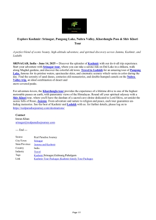 Explore Kashmir: Srinagar, Pangong Lake, Nubra Valley, Khardungla Pass & Shiv Kh