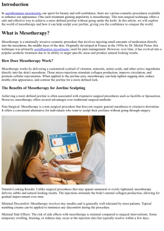 Achieving a More Defined Jawline with Mesotherapy: Sculpting without Surgery