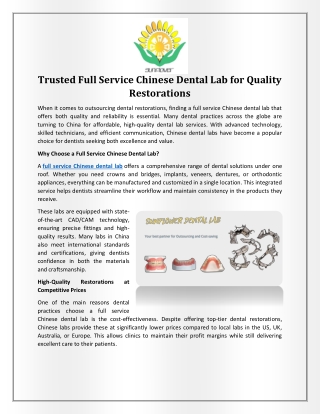 Trusted Full Service Chinese Dental Lab for Quality Restorations