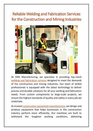 Reliable Welding and Fabrication Services for the Construction and Mining Industries