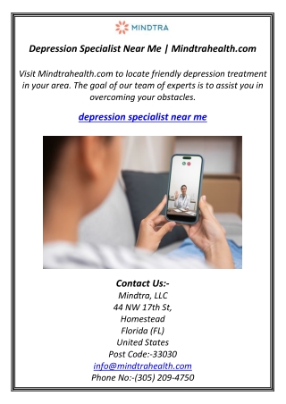Depression Specialist Near Me | Mindtrahealth.com