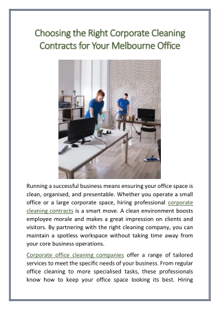 Choosing the Right Corporate Cleaning Contracts for Your Melbourne Office