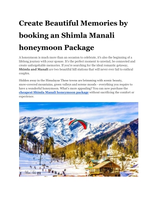 Create Beautiful Memories by  booking an Shimla Manali  honeymoon Package