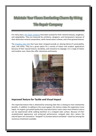 Maintain Your Floors Everlasting Charm By Hiring Tile Repair Company