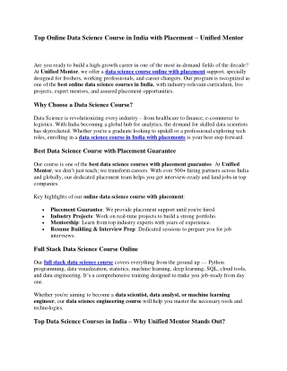 Top Online Data Science Course in India with Placement – Unified Mentor