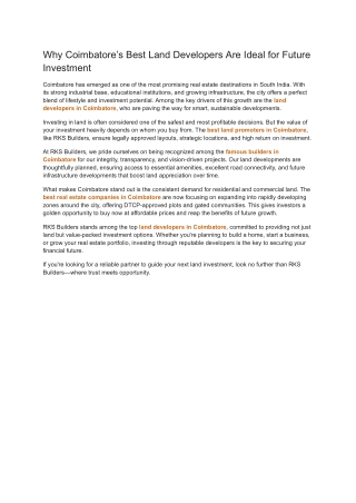 Why Coimbatore’s Best Land Developers Are Ideal for Future Investment