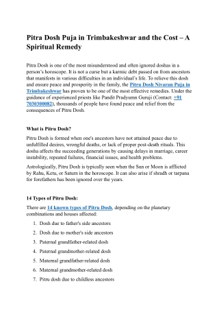 Pitra Dosh Puja in Trimbakeshwar and the Cost