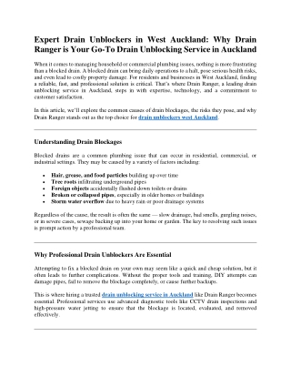 Expert Drain Unblockers in West Auckland Why Drain Ranger is Your Go-To Drain Unblocking Service in Auckland