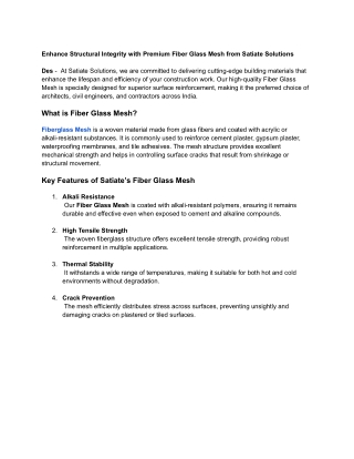 Enhance Structural Integrity with Premium Fiber Glass Mesh from Satiate Solutions