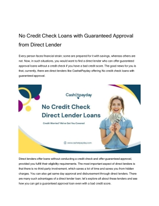 No Credit Check Loans with Guaranteed Approval from Direct Lender