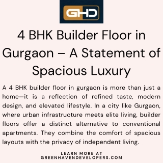 Experience Opulent Living with 4 BHK Builder Floor in Gurgaon