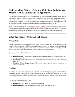 Understanding Primary Cells and Cell Lines Insights from Mediray on Cell Culture and Its Applications