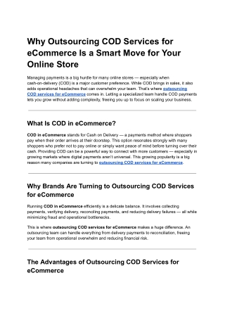 Why Outsourcing COD Services for eCommerce Is a Smart Move for Your Online Store