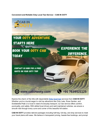Book Ooty Local Taxi Easily with CAB IN OOTY for Comfortable and Safe Travel