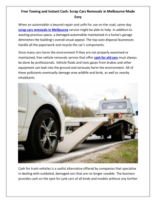 Free Towing and Instant Cash Scrap Cars Removals in Melbourne Made Easy