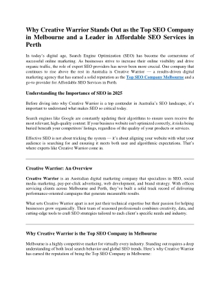 Why Creative Warrior Stands Out as the Top SEO Company in Melbourne and a Leader in Affordable SEO Services in Perth