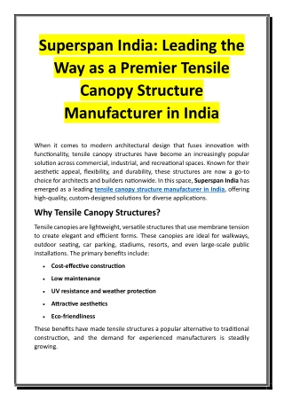 Superspan India - Leading the Way as a Premier Tensile Canopy Structure Manufacturer in India