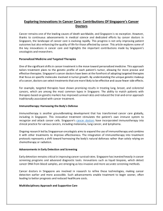 Exploring Innovations In Cancer Care Contributions Of Singapore’s Cancer Doctors