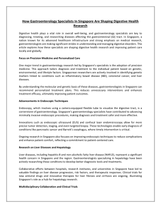 How Gastroenterology Specialists In Singapore Are Shaping Digestive Health Research