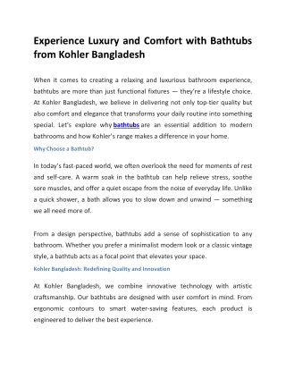 Experience Luxury and Comfort with Bathtubs from Kohler Bangladesh
