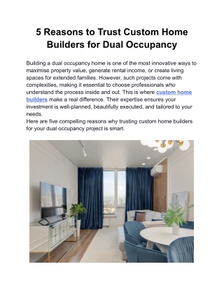 5 Reasons to Trust Custom Home Builders for Dual Occupancy