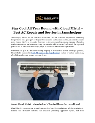 Stay Cool All Year Round with Cloud Mistri – Best AC Repair and Service in Jamshedpur