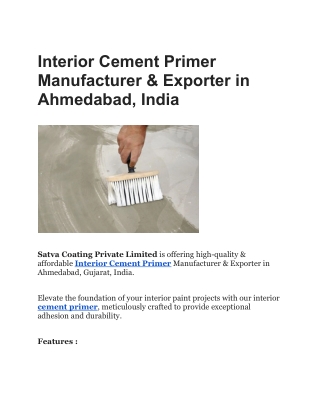 Interior Cement Primer Manufacturer & Exporter in Ahmedabad, India