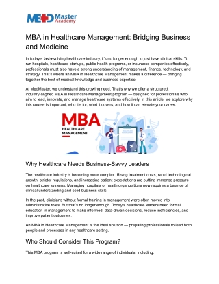 MBA in Healthcare Management: Bridging Business and Medicine
