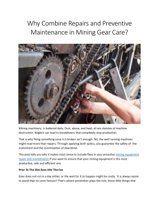 Mining equipment repair and maintenance